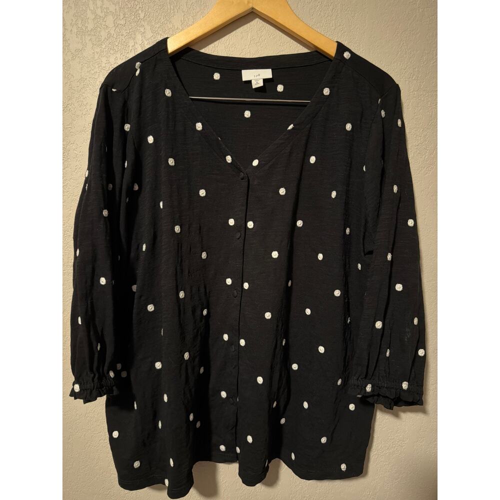 J.Jill embroidered polka dot knit button-up shirt SZ XL Petite 100% Cotton